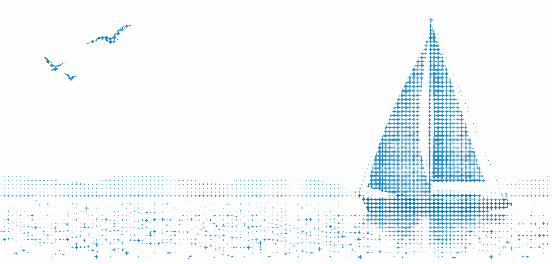 Pointillist sailing yacht on calm water